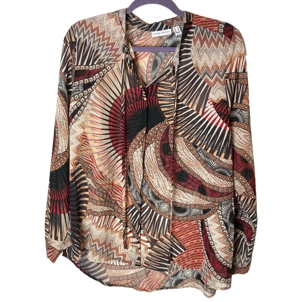 Susan Graver Shirt Top Sz XL Lightweight Chiffon Bead Tie Boho Aztec Sz 16